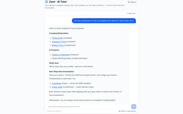 The Zami AI tutor summarising a student’s progress — work completed, work in progress, a weak area, and two recommended next practices.