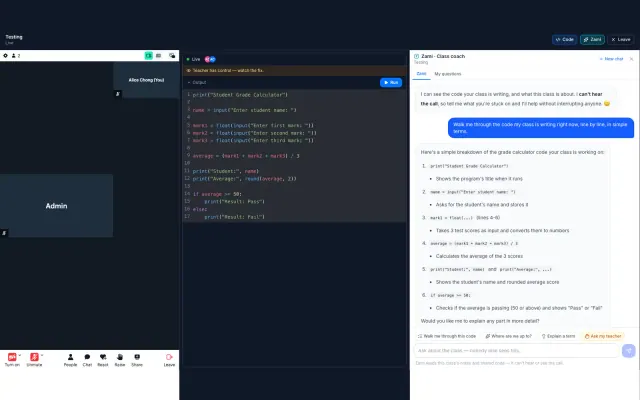 A live ZAM Academy class: video call on the left, a shared code editor the mentor is driving in the middle, and Zami explaining that code line by line on the right.