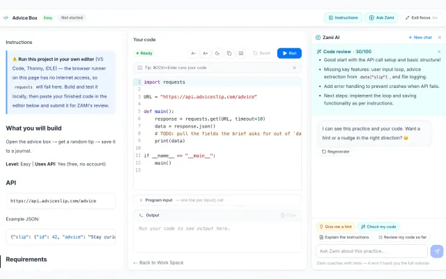 A ZAM Academy practice open in the browser: the brief on the left, a code editor in the middle, and a Zami code review scoring the attempt 30 out of 100 on the right.
